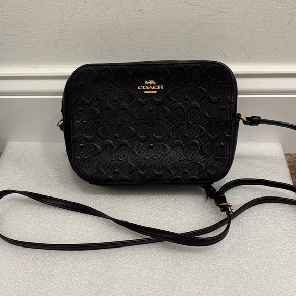Coach Handbags - COACH Black Embossed Signature Camera Crossbody with Gold Logo